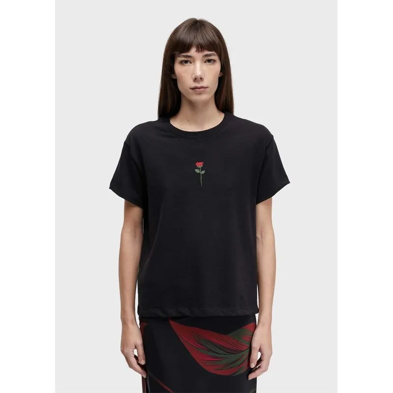 T-shirt rosa bordada - preto - G