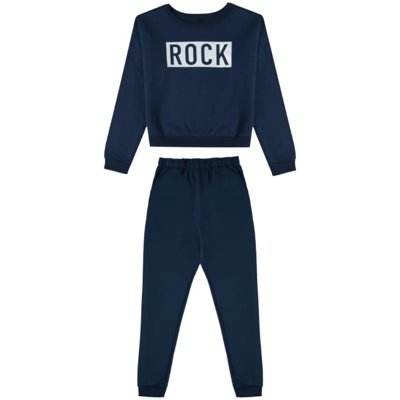 Conjunto Malwee Teen Juvenil Menina Moletom Flanelado Estampado Rock 10/18 - 1000091638-MARINHO-10