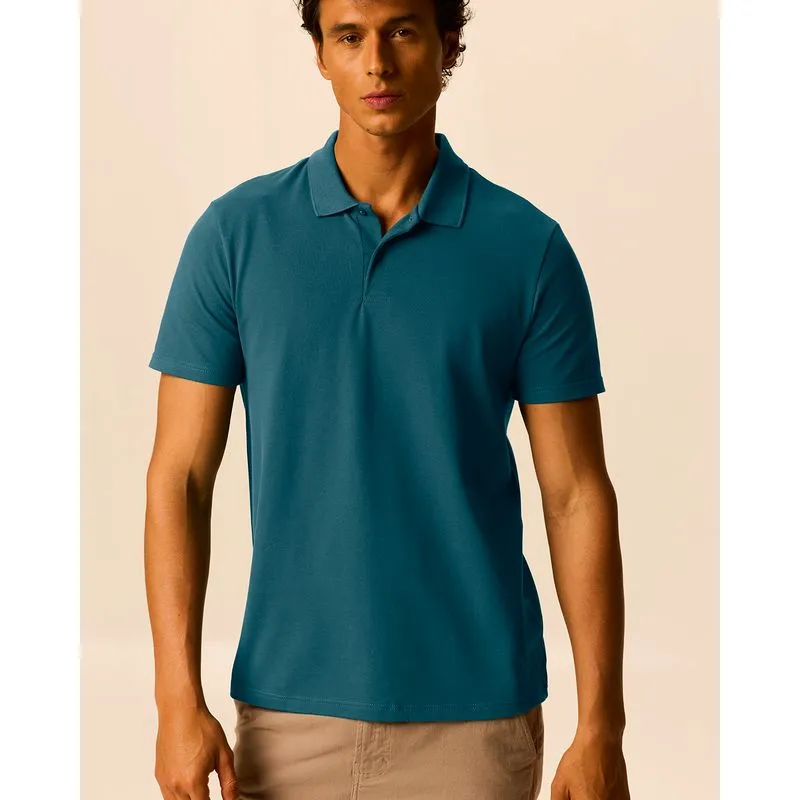 Camisa Polo Básica Masculina Gola Retilínea Em Piquet Stretch Azul - XGG