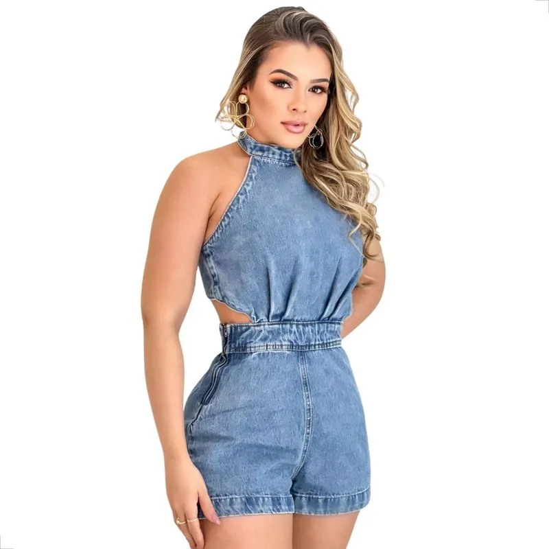 Macaquinho Frente Única Jeans Marmorizado Médio Feminina