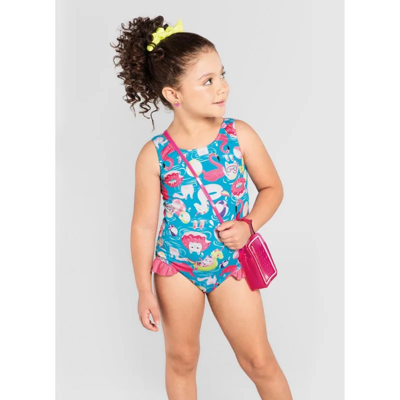 Maiô infantil menina gatinhos em malha UV Brandili Azul 6