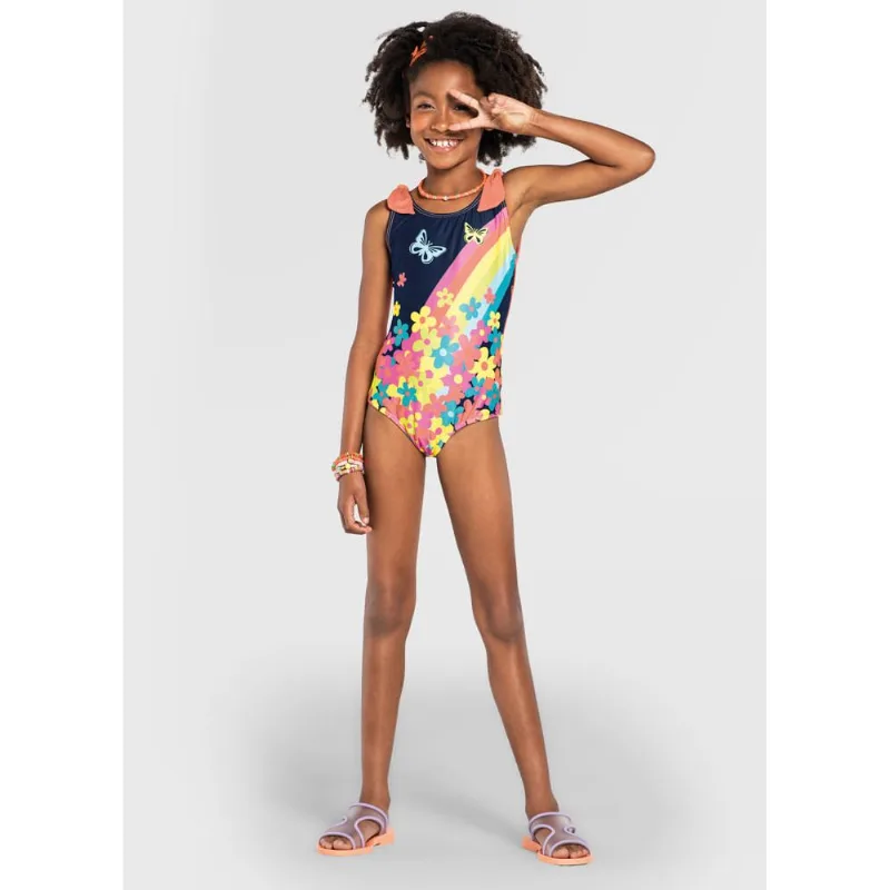 Maiô infantil menina florzinhas em malha UV Brandili Azul 12