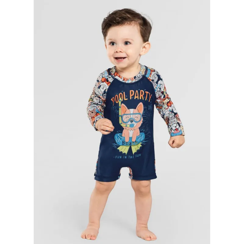 Macacão bebê menino cachorrinho em malha UV Brandili Azul 2