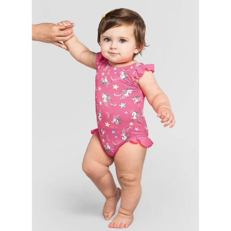 Maiô bebê menina unicórnio em malha UV Brandili Azul G