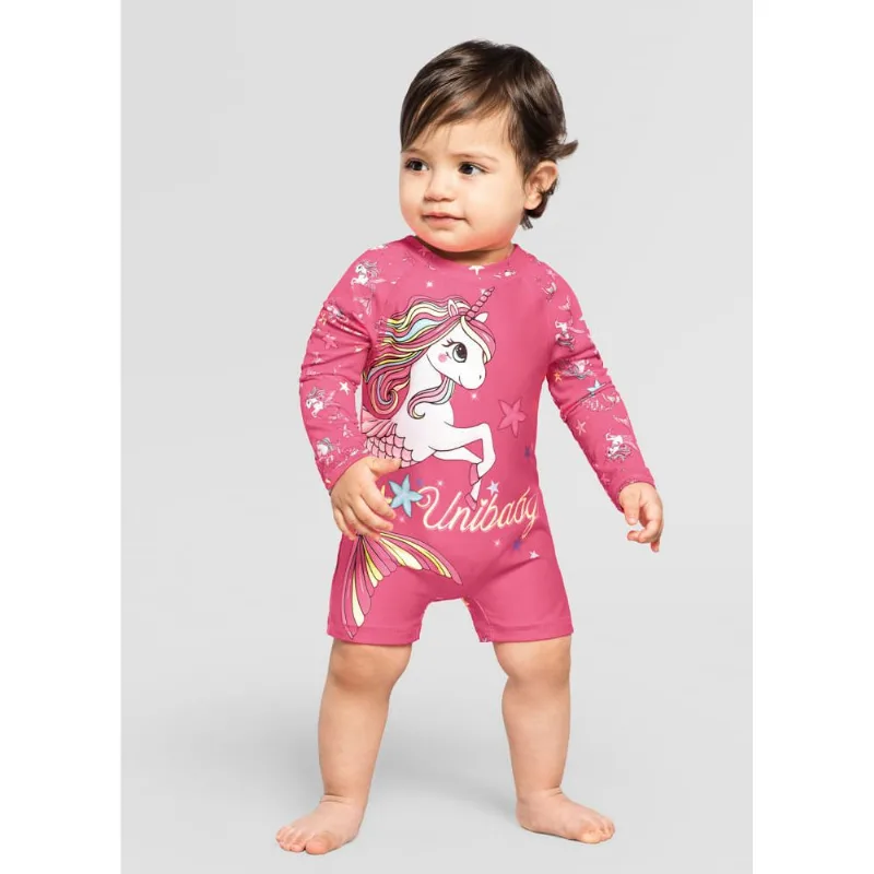 Macacão bebê menina unicórnio em malha UV Brandili Azul G