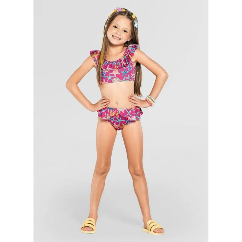 Biquíni infantil menina estrelas do mar em malha UV Brandili Rosa 4