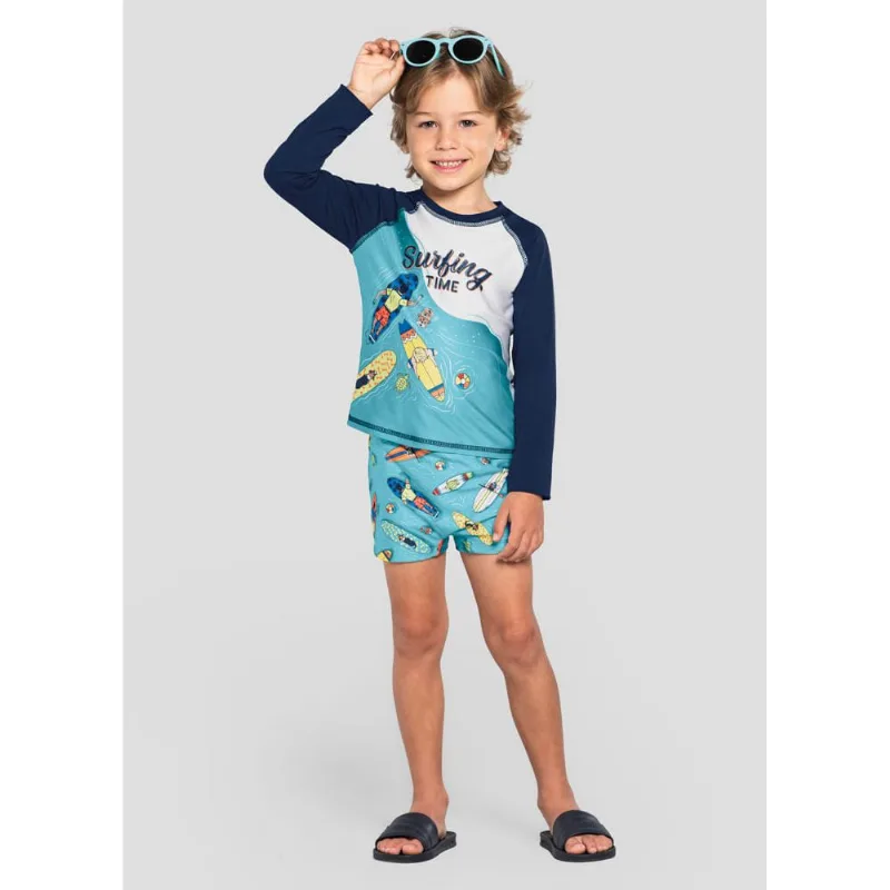 Sunga e camiseta infantil menino de surf em malha UV Brandili Natural 12