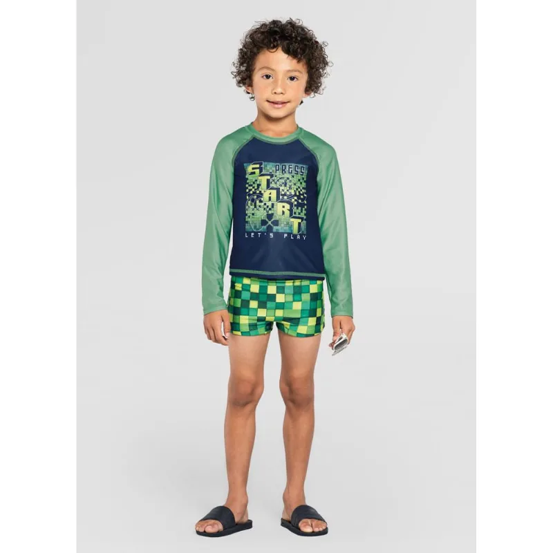 Sunga e camiseta infantil menino de vídeo game em malha UV Brandili Azul 10