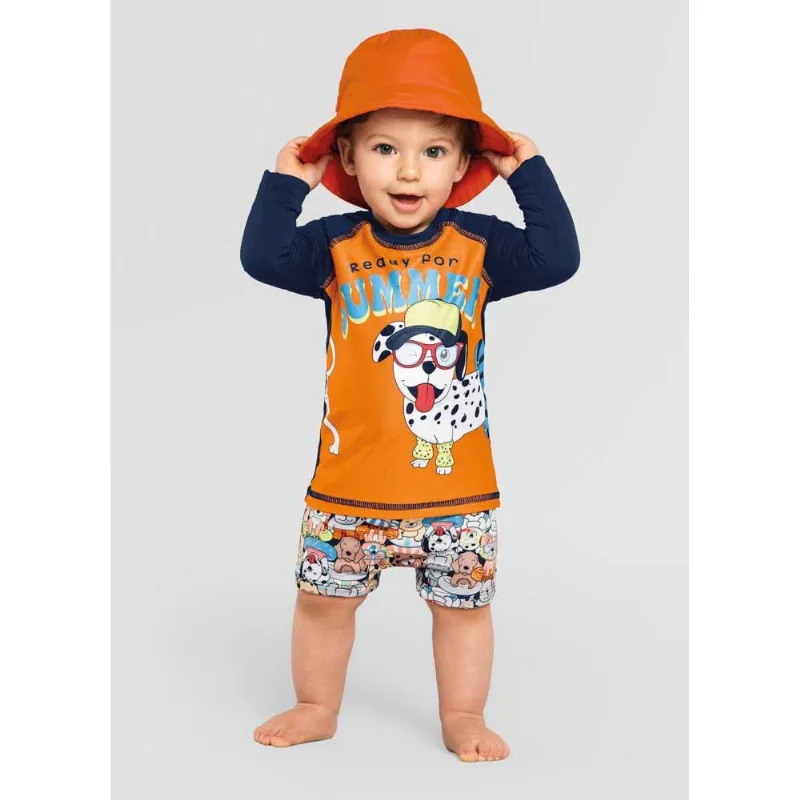Sunga e camiseta bebê menino de cachorrinho em malha UV Brandili Laranja M
