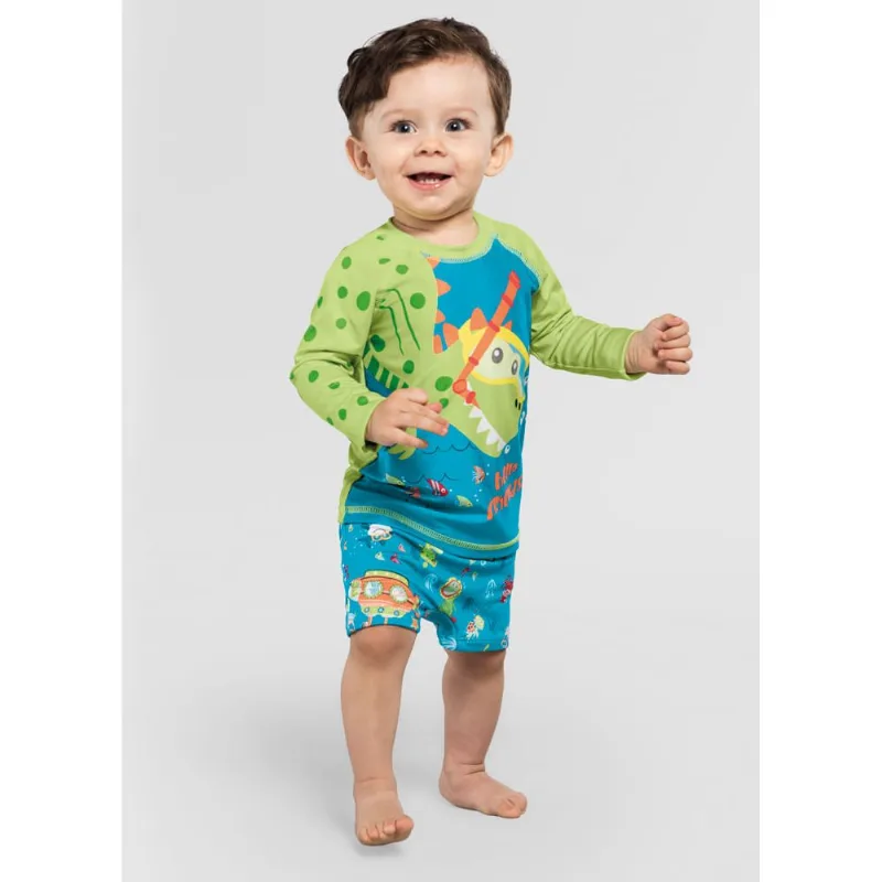 Sunga e camiseta bebê menino de dinossauro em malha UV Brandili Azul G