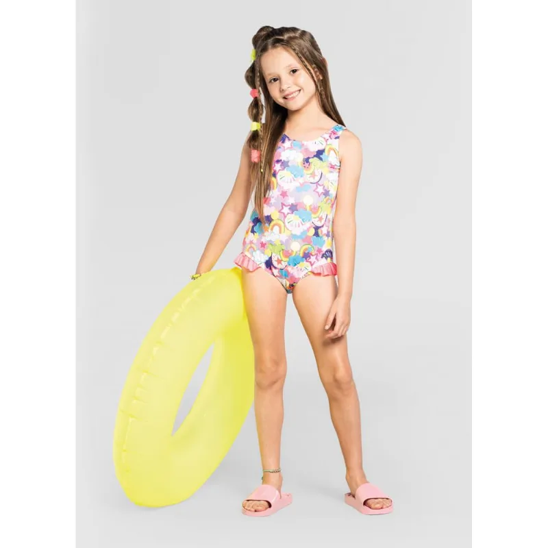 Maiô infantil menina estrelas em malha UV Brandili Rosa 10