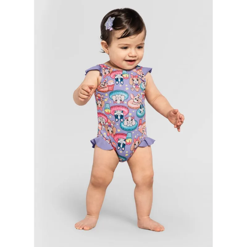 Maiô bebê menina cachorrinhos em malha UV Brandili Rosa M