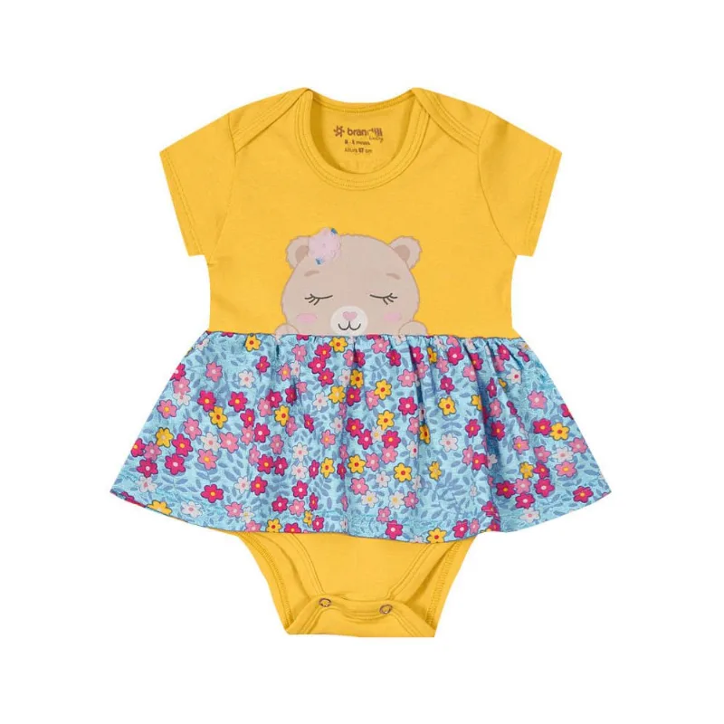 Vestido body bebê menina ursinha Brandili Baby Amarelo G