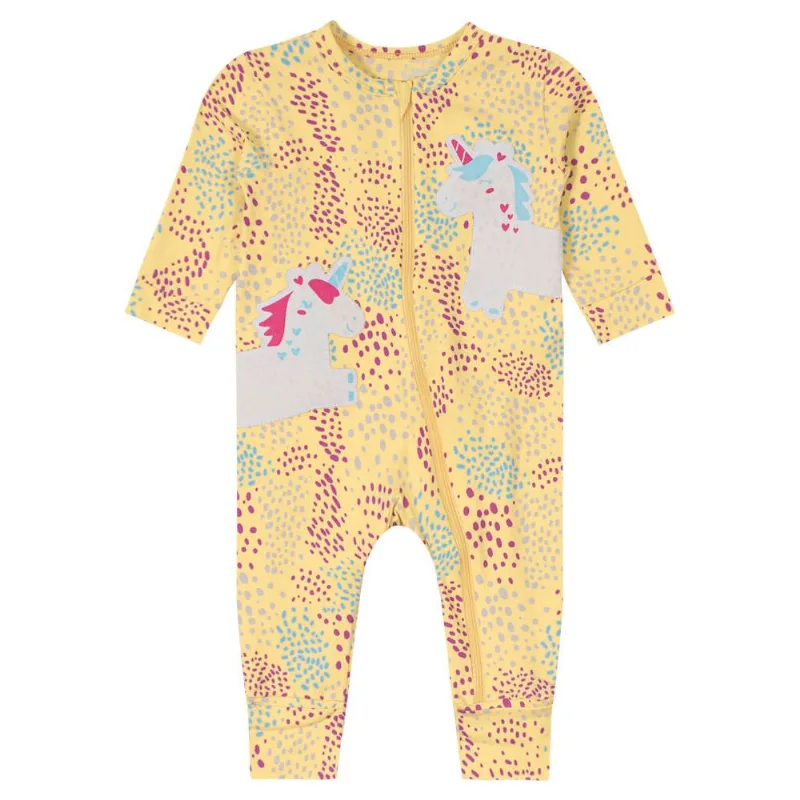Macacão bebê menina de unicórnio Brandili Baby Amarelo GG