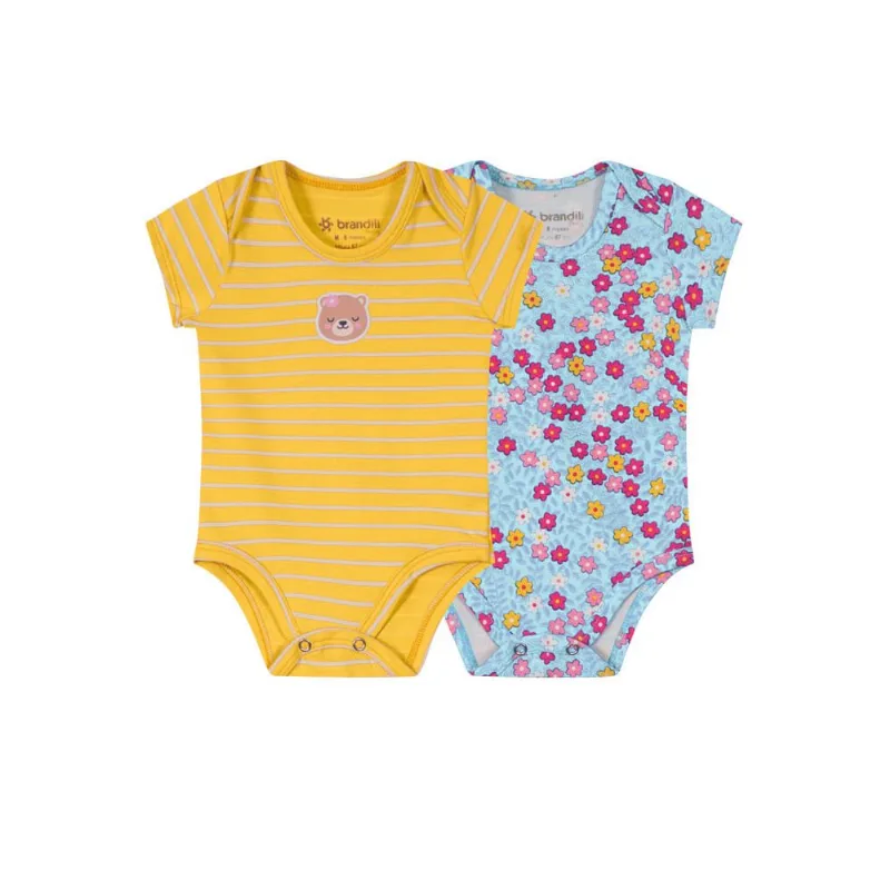 kit de bodies bebê menina ursinha Brandili Baby Amarelo GG
