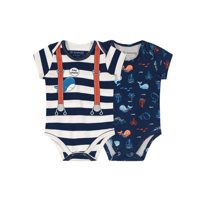 kit de bodies bebê menino baleias Brandili Baby Azul GG