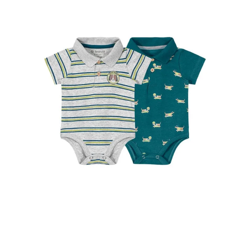 kit de bodies polo bebê menino cachorrinho Brandili Baby Verde GG