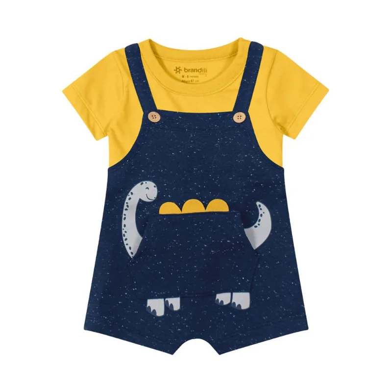 Jardineira e camiseta bebê menino dinossauro Brandili Baby Amarelo G