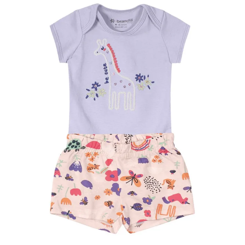 Conjunto bebê menina girafa Brandili Baby Lilás RN