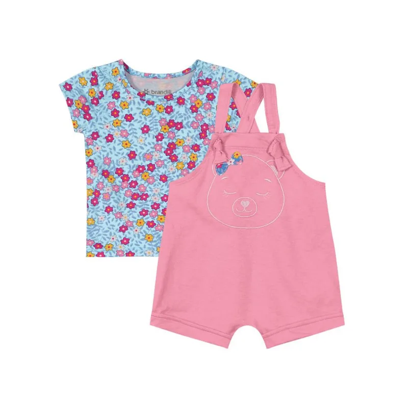 Jardineira e blusa bebê menina ursinha Brandili Baby Azul G