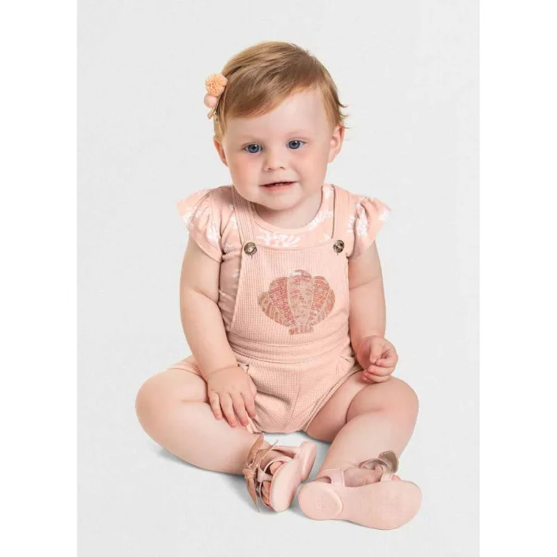 jardineira e blusa bebê menina conchinha Mundi baby Rosa P