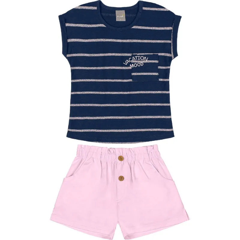 Conjunto infantil menina com listras Mundi Azul 12