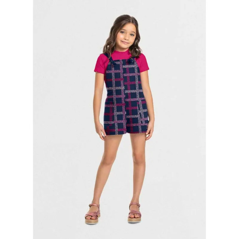 jardineira e blusa infantil menina quadriculada Mundi Rosa 4