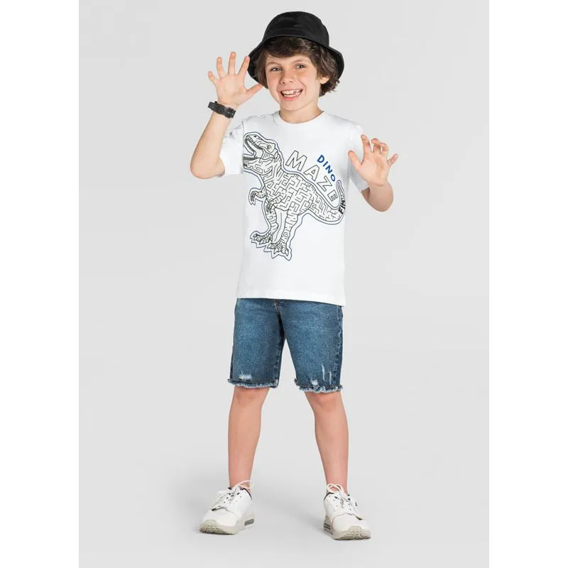 Camiseta infantil menino em malha de dinossauro Brandili Branco 8
