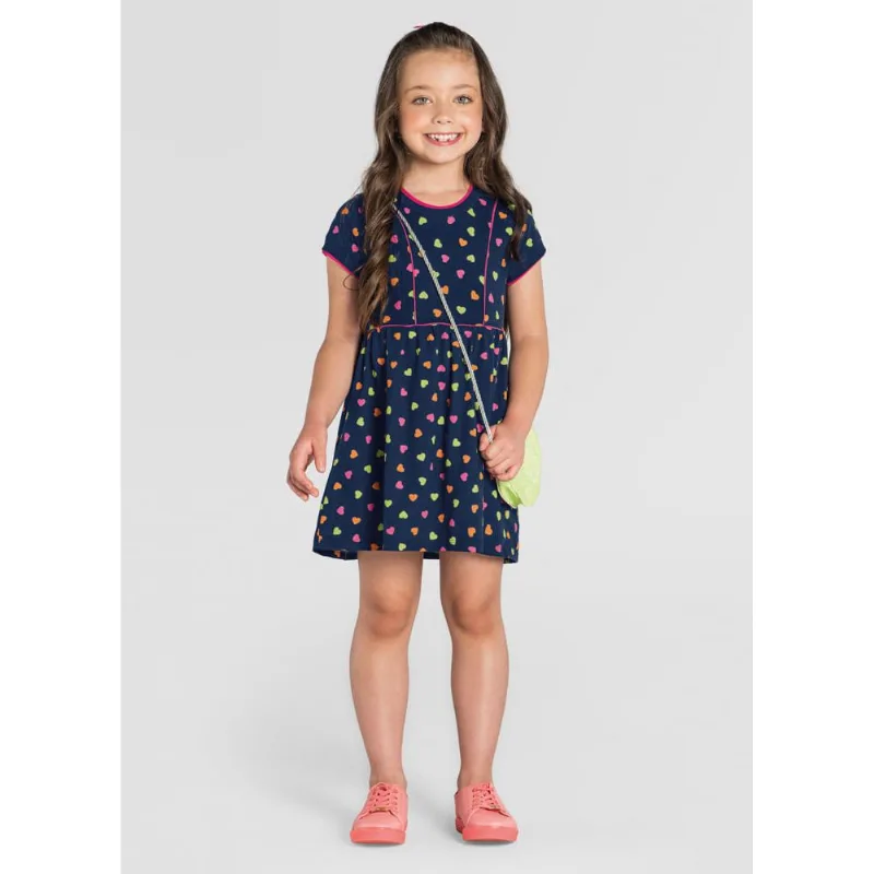 Vestido infantil menina corações Brandili Azul 10