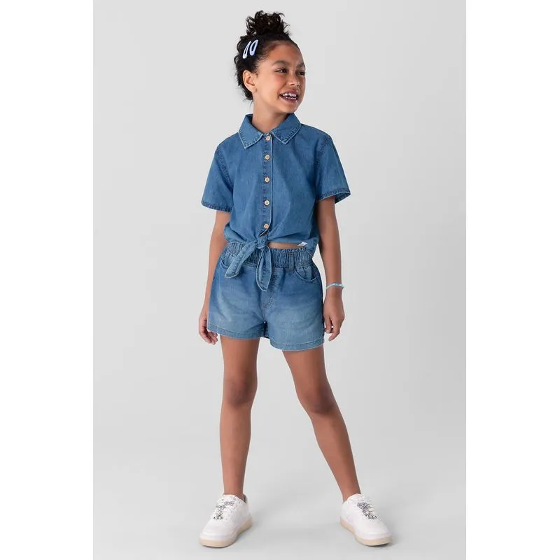 Camisa cropped em jeans leve infantil menina Brandili - 18