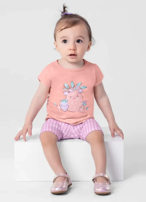 Conjunto Infantil Feminino Blusa Meia Malha e Bermuda Ciclista Cotton Brandili T