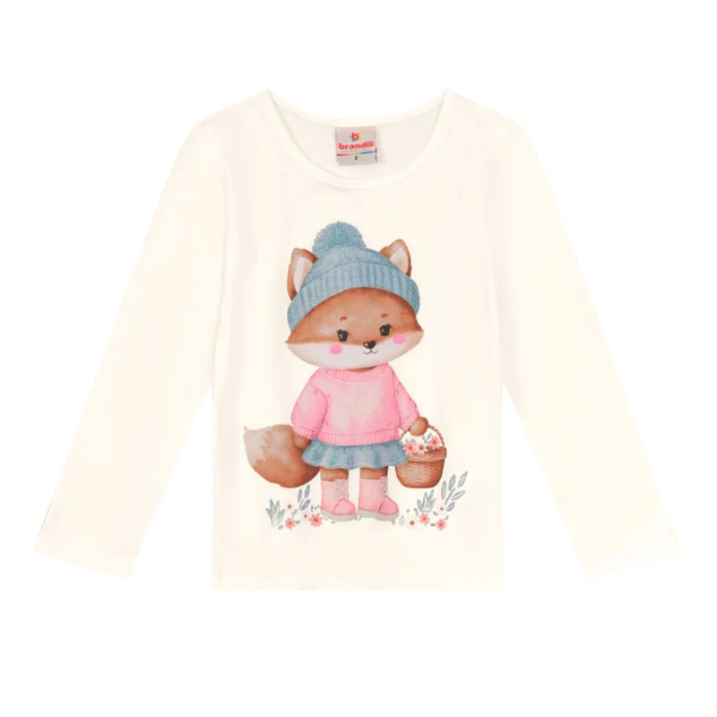 Camiseta Manga Longa Estampada Raposinha Off White Brandili - Feminina 03 / Menina