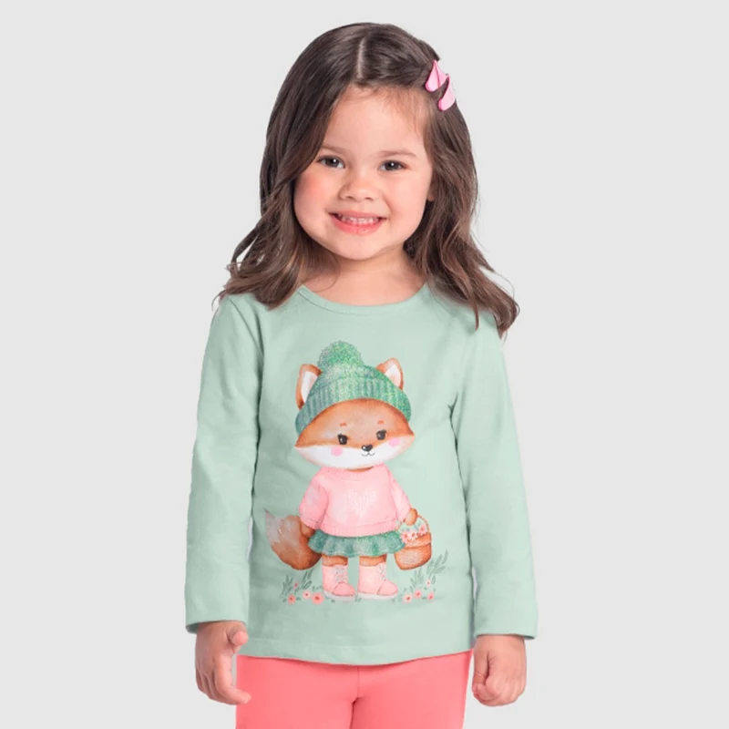 Camiseta Manga Longa Estampada Raposinha Verde Brandili - Feminina 03 / Menina