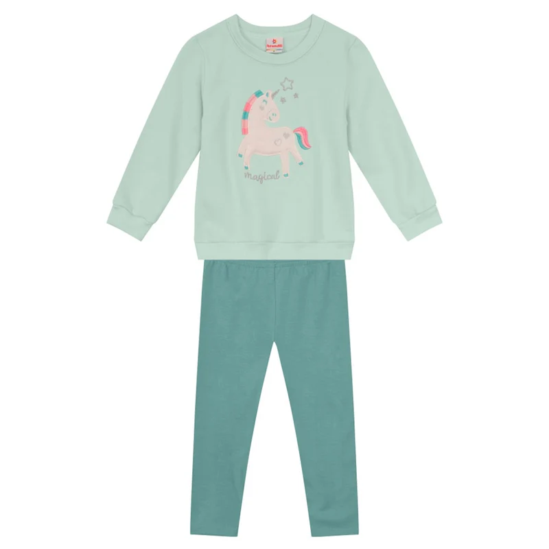Conjunto Blusão e Calça Moletom Unicornio Magical Verde Brandili - Feminino 03 / Menina