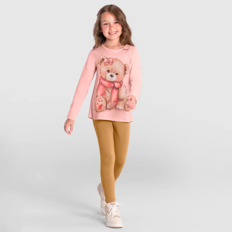 Conjunto Camiseta Ursinho Rosa e Legging Caramelo Brandili - Feminina 10 / Menina