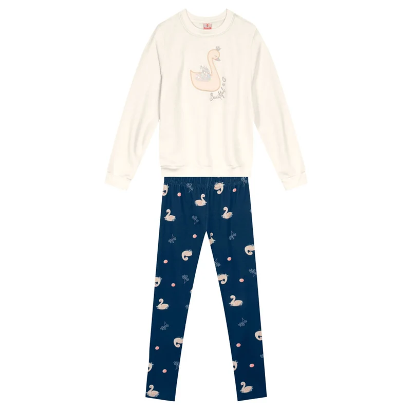 Conjunto Blusão Moletom e Calça Legging Cisne Off White Brandili - Feminino 10 / Menina