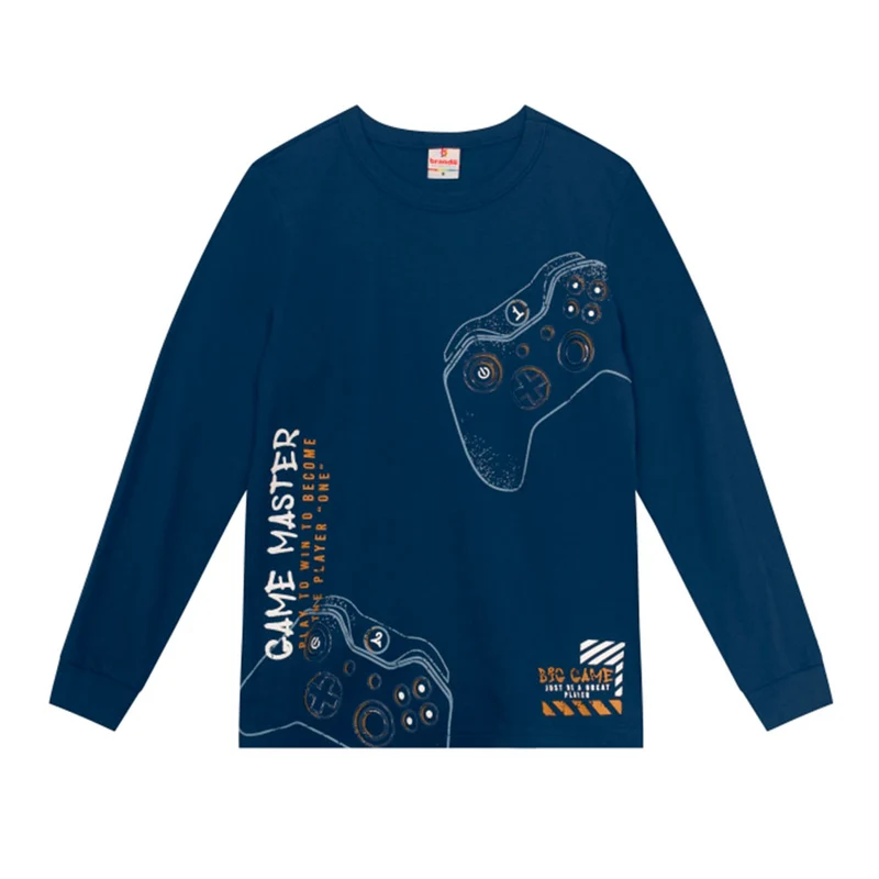 Camiseta Manga Longa Video Game Marinho Brandili - Masculina 06 / Menino