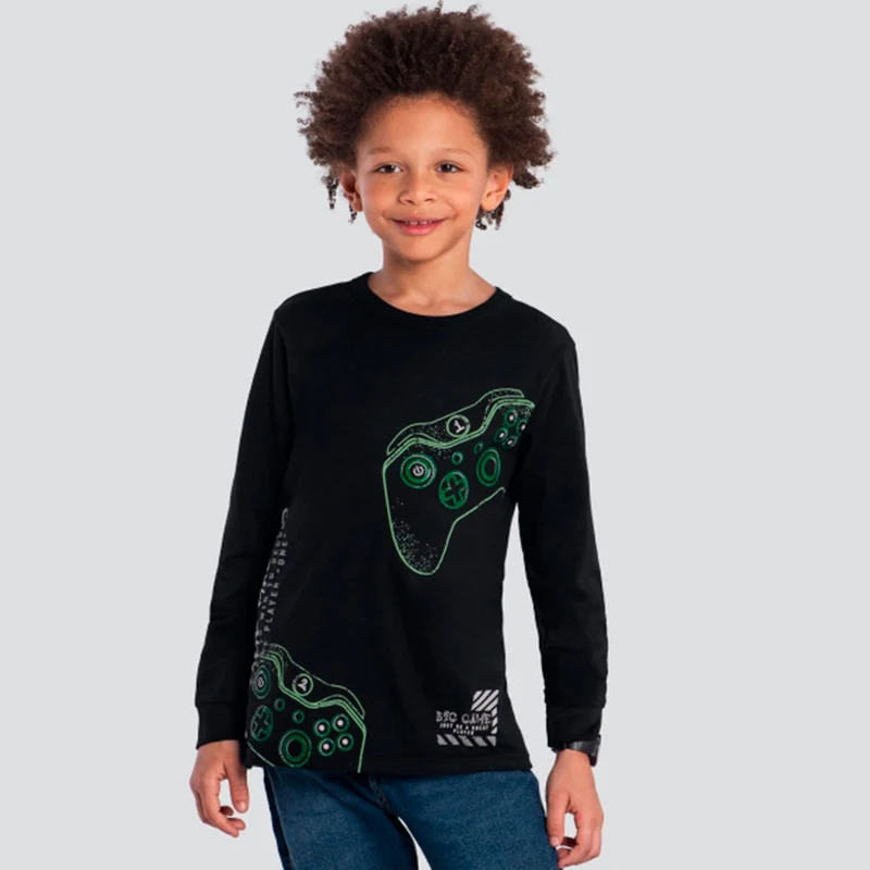 Camiseta Manga Longa Video Game Preta Brandili - Masculina 10 / Menino