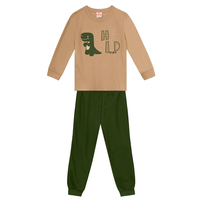 Conjunto Camiseta Manga Longa e Calça Moletom The Wild Dino Brandili Bege - Masculino 01 / Menino
