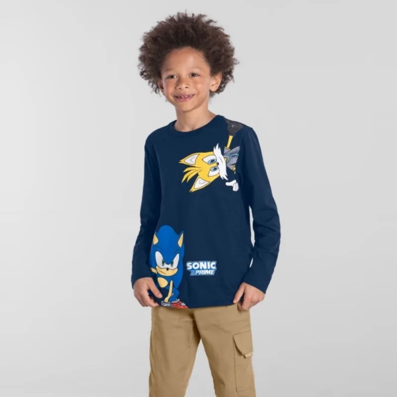 Camiseta Manga Longa Sonic Menino Azul Marinho - Brandili 4 / Azul Marinho