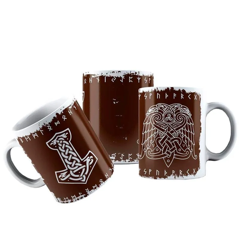 Caneca Cerâmica Escritos Nórdicos Símbolos Odin Mjolnir Thor