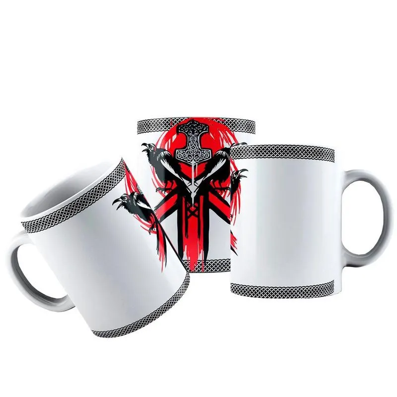 Caneca Cerâmica Mjolnir Thor Corvos Odin Mitos Nórdicos