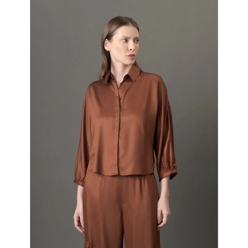 Camisa Feminina Cropped Manga Longa Calvin Klein - Marrom Camisa Feminina Cropped Manga Longa Calvin Klein Marrom 38