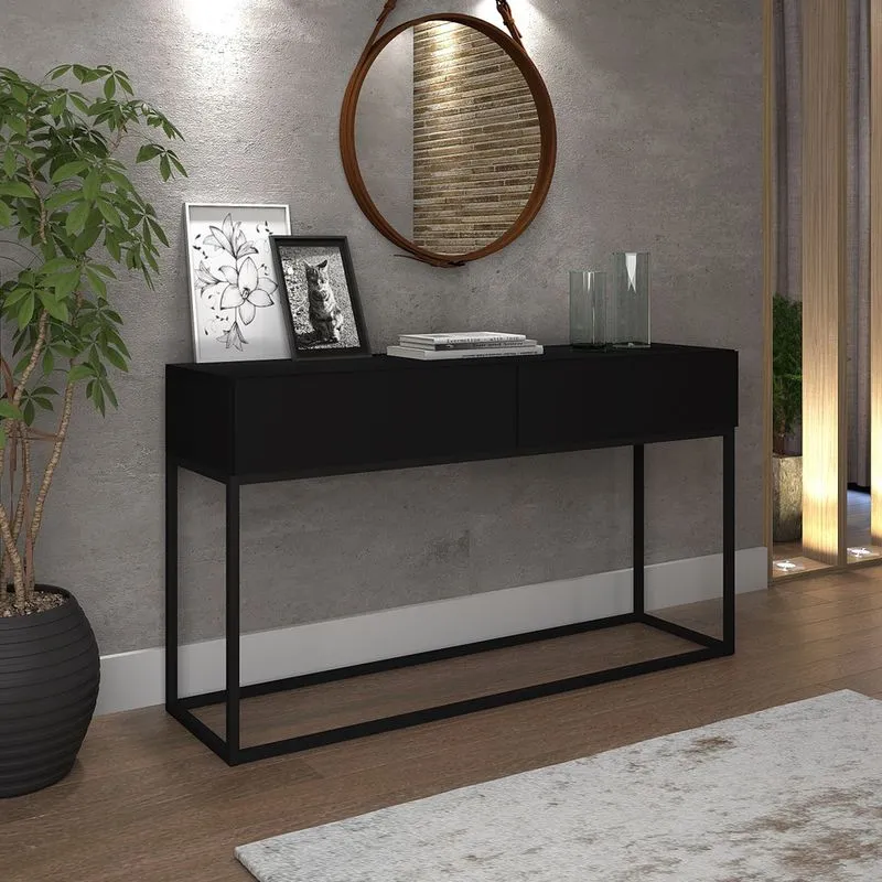 Aparador Buffet Eros 110cm Industrial Com 2 Gavetas Base de Ferro Preto