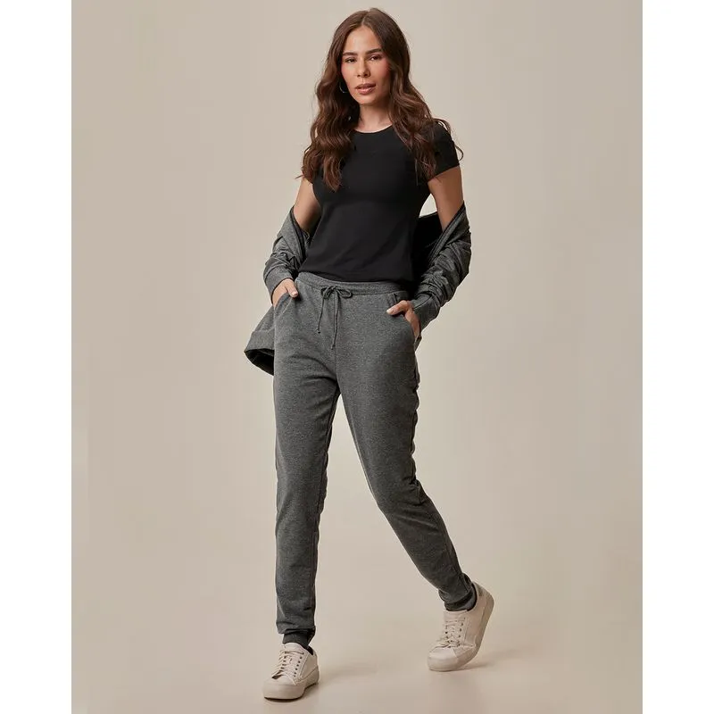 Calça Básica Feminina Jogger Em Moletom Stretch Cinza - M