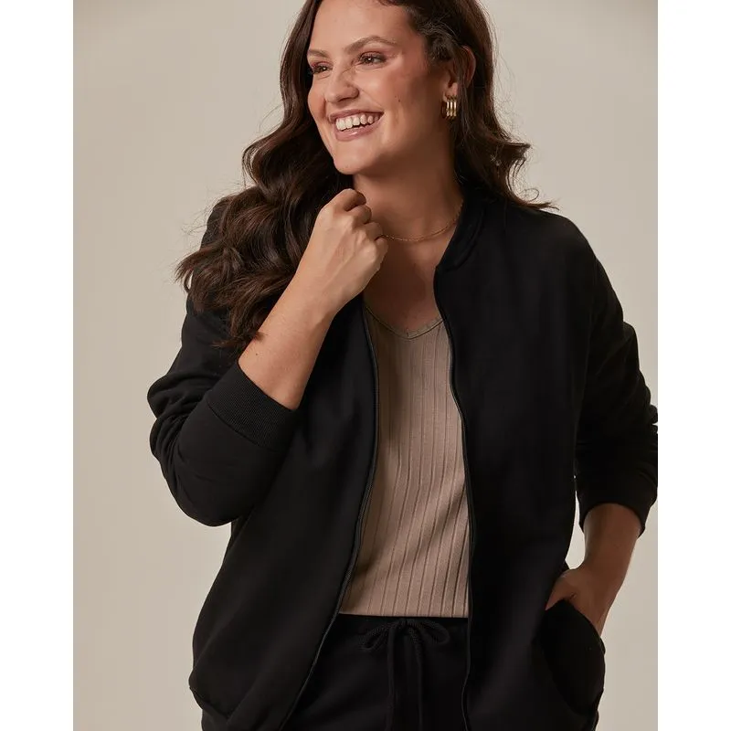 Jaqueta Básica Feminina Plus Size Gola Canelada Em Moletom Flanelado Preto - G5