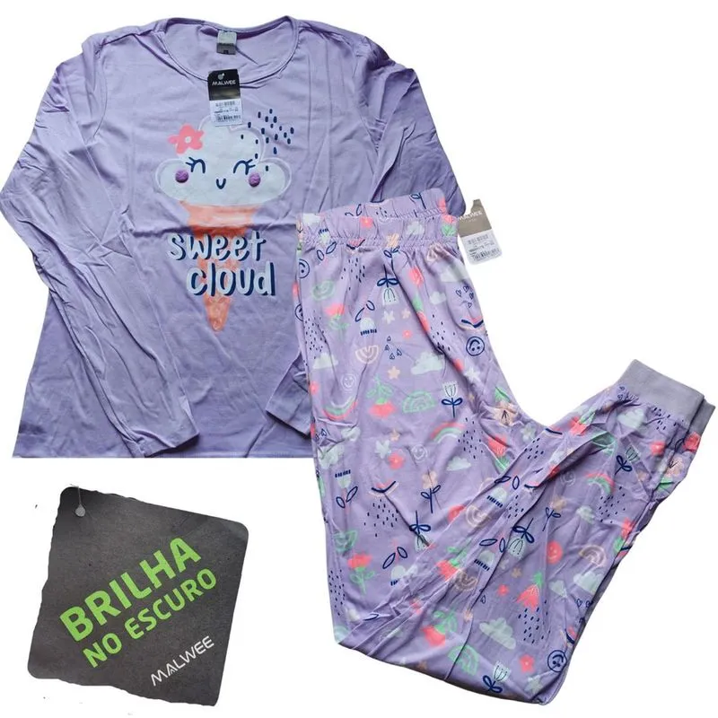 Pijama Conjunto Feminino Calça Malwee Inverno Brilha Escuro
