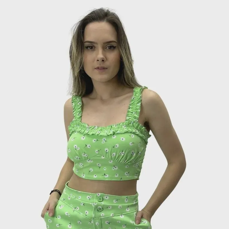 Cropped Enfim Decote Coração Margaridas em Viscose