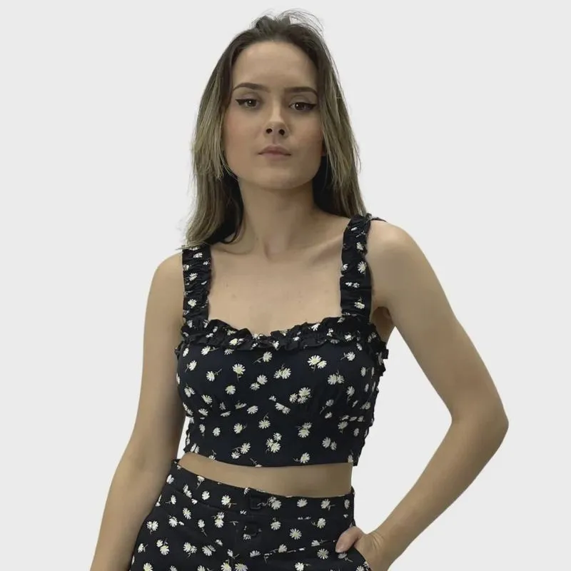 Cropped Enfim Decote Coração Margaridas em Viscose