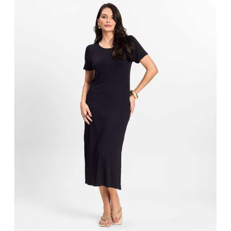 Vestido Midi Ribana Canelada Básico Rovitex Preto GG